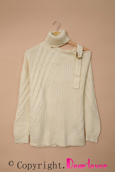 Strapped Cut Out Shoulder Turtleneck Sweater